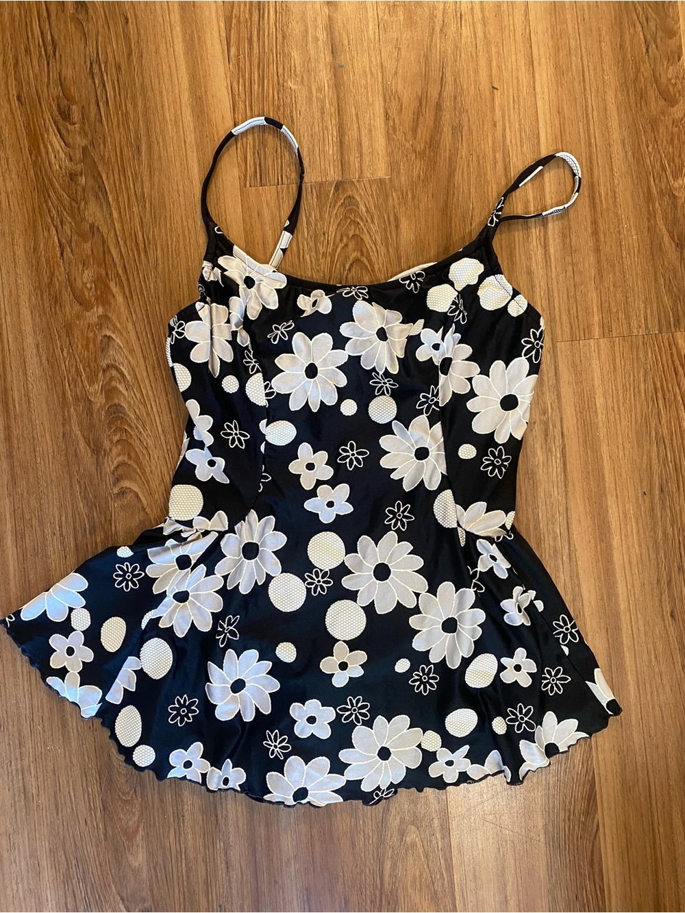 Black Floral One-Piece Swimdress with White Daisy Print